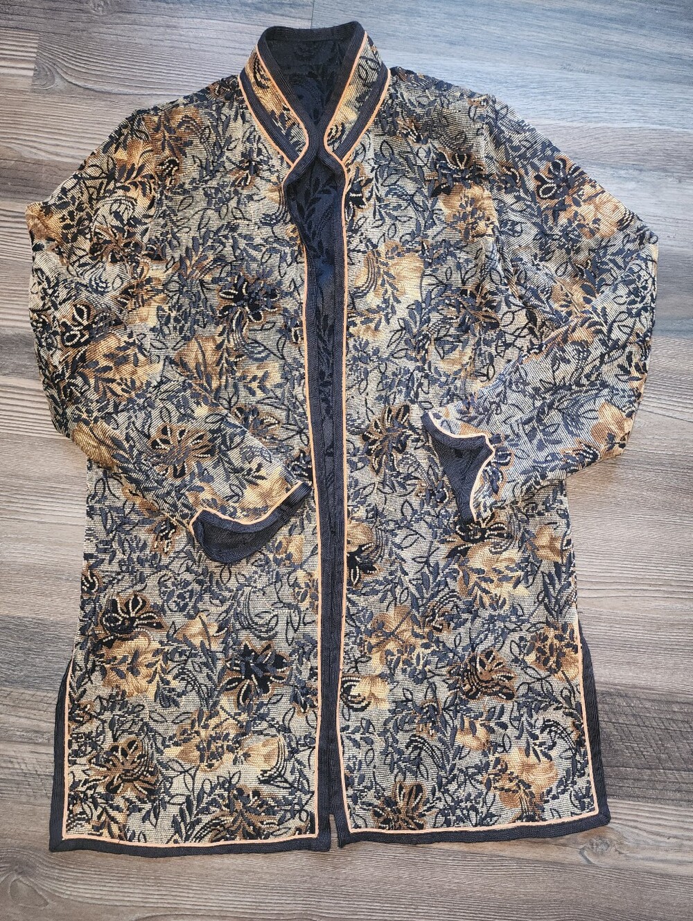 Vintage Floral Brocade Tapestry Kimono Duster Jacket Large Black Tan Gold